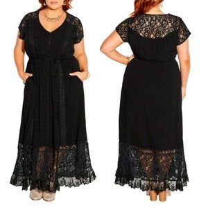 NWOT City Chic City of Angels Lace Dress Black Floral Lace Maxi Button Front